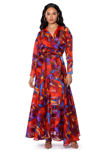 Smokey Fashions Red Abstract Scarf Print Wrap Tie Front Blouse