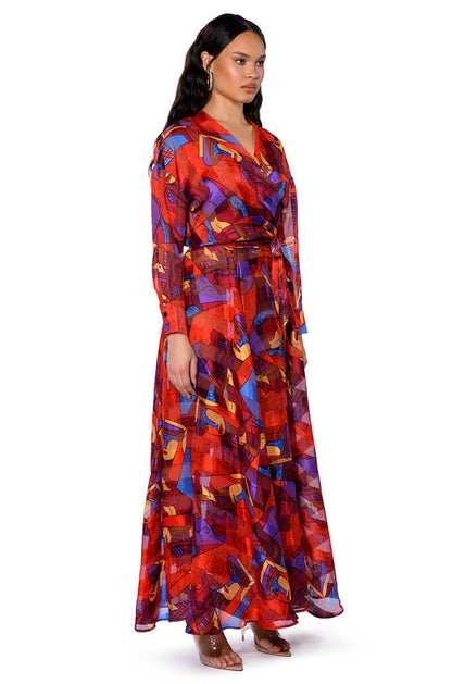 Smokey Fashions Red Abstract Scarf Print Wrap Tie Front Blouse