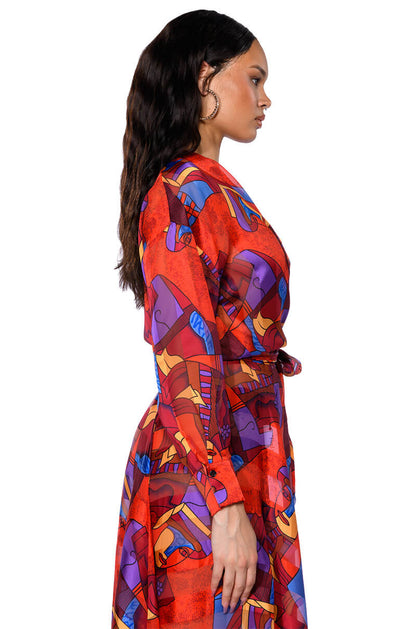 Smokey Fashions Red Abstract Scarf Print Wrap Tie Front Blouse