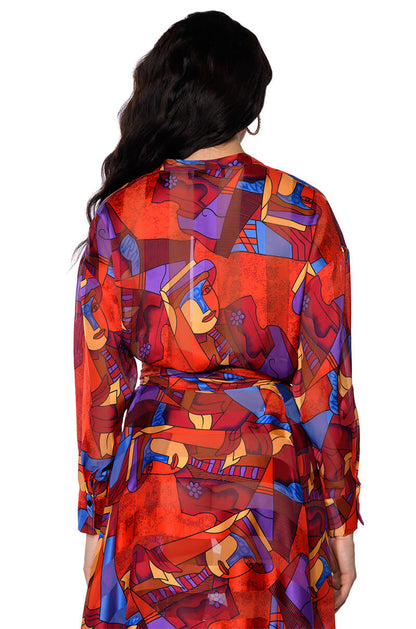 Smokey Fashions Red Abstract Scarf Print Wrap Tie Front Blouse