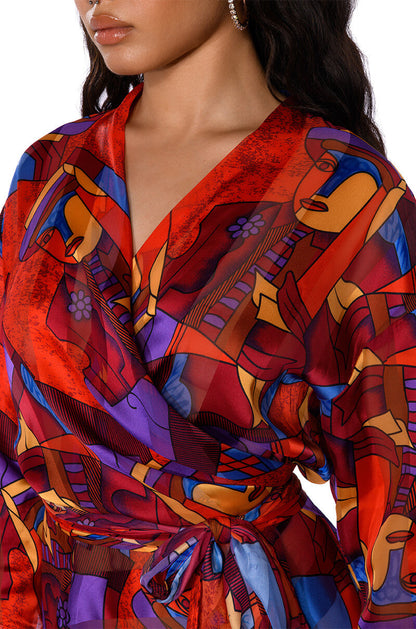 Smokey Fashions Red Abstract Scarf Print Wrap Tie Front Blouse