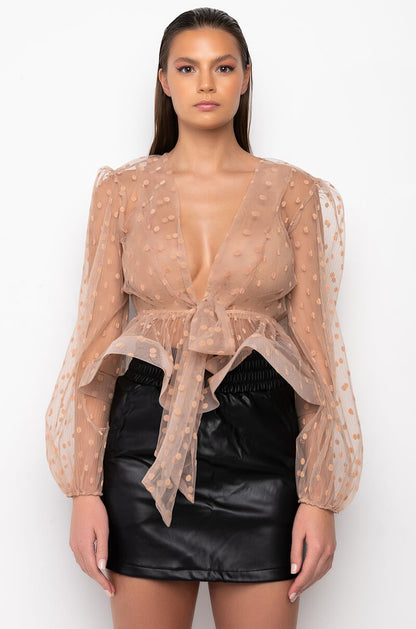 Smokey Fashions Nude Polka Dot Sheer Tie Front Plunge Blouse