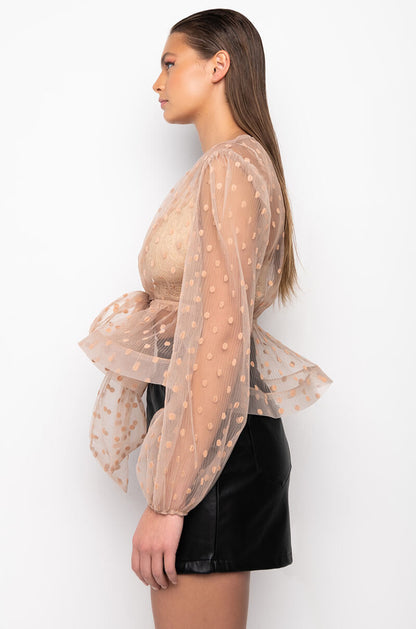 Smokey Fashions Nude Polka Dot Sheer Tie Front Plunge Blouse