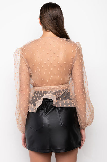 Smokey Fashions Nude Polka Dot Sheer Tie Front Plunge Blouse