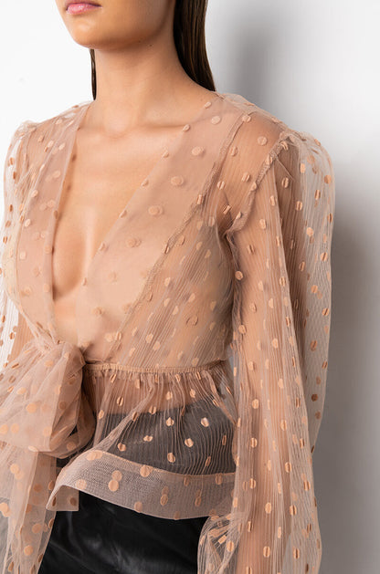 Smokey Fashions Nude Polka Dot Sheer Tie Front Plunge Blouse