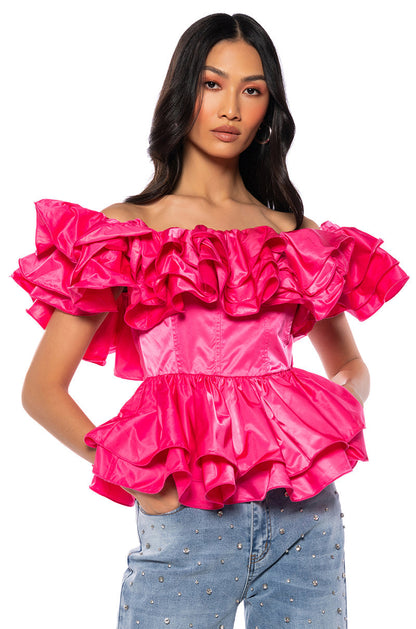 Smokey Fashions Hot Pink Off Shoulder Tiered Ruffle Peplum Top