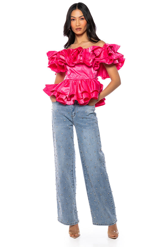 Smokey Fashions Hot Pink Off Shoulder Tiered Ruffle Peplum Top