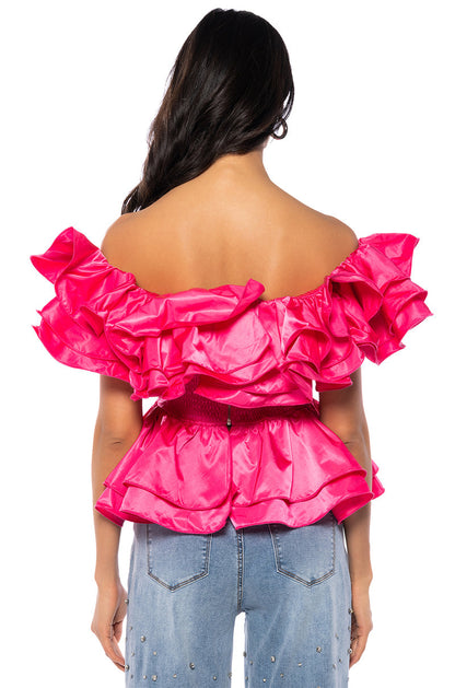 Smokey Fashions Hot Pink Off Shoulder Tiered Ruffle Peplum Top