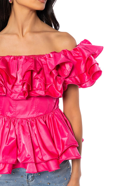 Smokey Fashions Hot Pink Off Shoulder Tiered Ruffle Peplum Top