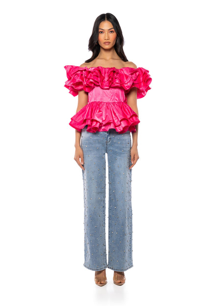 Smokey Fashions Hot Pink Off Shoulder Tiered Ruffle Peplum Top