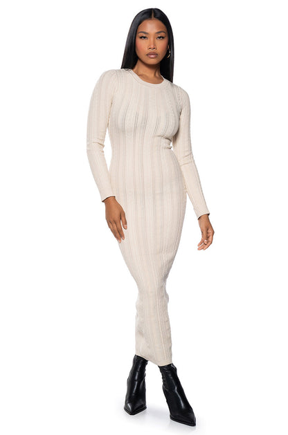 Smokey Fashions Ivory Ribbed Knit Crew Neck Fitted Maxi Dress
