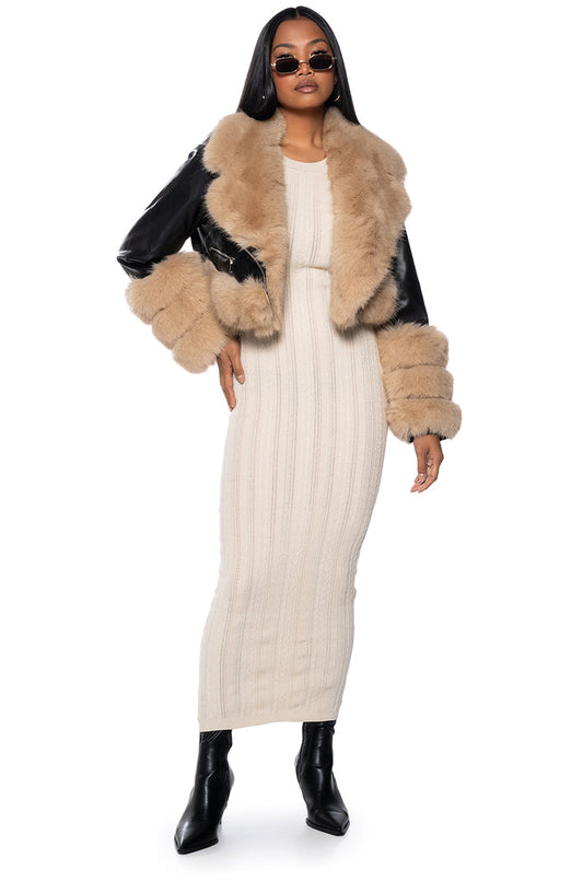 Smokey Fashions Ivory Ribbed Knit Crew Neck Fitted Maxi Dress