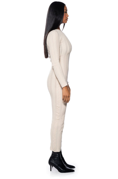 Smokey Fashions Ivory Ribbed Knit Crew Neck Fitted Maxi Dress