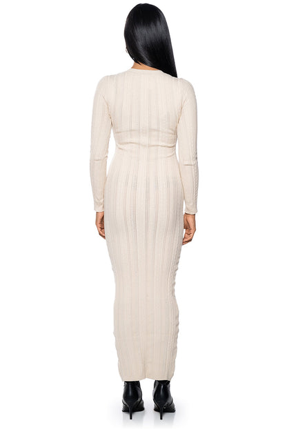 Smokey Fashions Ivory Ribbed Knit Crew Neck Fitted Maxi Dress