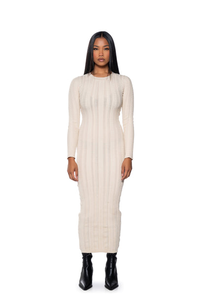Smokey Fashions Ivory Ribbed Knit Crew Neck Fitted Maxi Dress