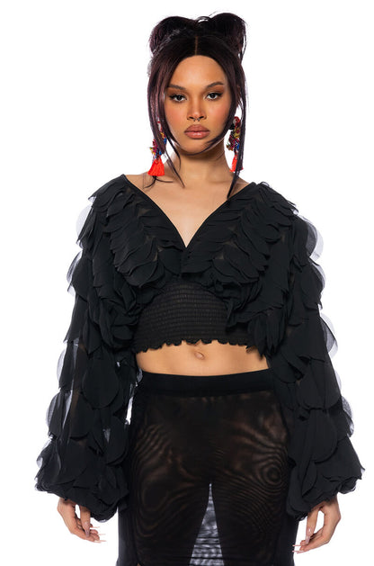 Smokey Fashions Black Chiffon Petal Sleeve Deep V Crop Blouse