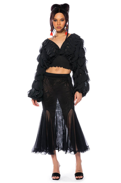 Smokey Fashions Black Chiffon Petal Sleeve Deep V Crop Blouse