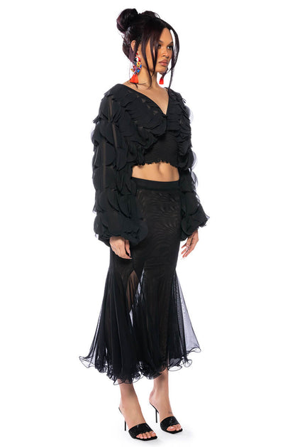 Smokey Fashions Black Chiffon Petal Sleeve Deep V Crop Blouse