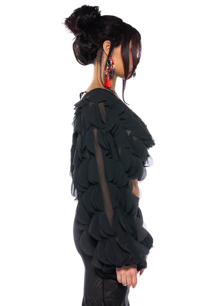 Smokey Fashions Black Chiffon Petal Sleeve Deep V Crop Blouse
