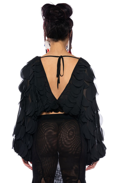 Smokey Fashions Black Chiffon Petal Sleeve Deep V Crop Blouse