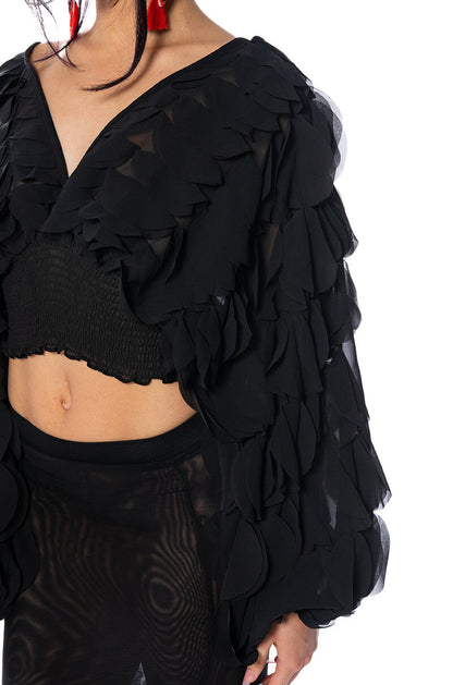 Smokey Fashions Black Chiffon Petal Sleeve Deep V Crop Blouse