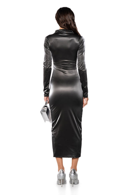 Smokey Fashions Grey Faux Leather Zip Front Long Sleeve Maxi Dress