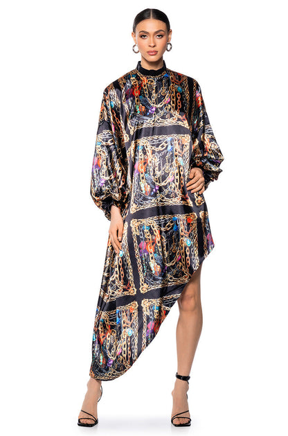 Smokey Fashions Black Chain Print Satin Bishop Sleeve Maxi Dress