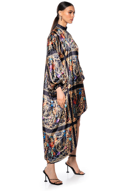 Smokey Fashions Black Chain Print Satin Bishop Sleeve Maxi Dress