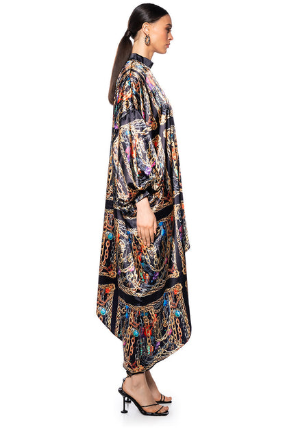 Smokey Fashions Black Chain Print Satin Bishop Sleeve Maxi Dress