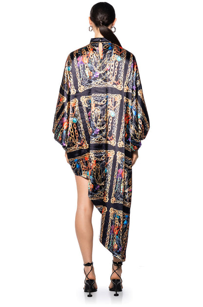 Smokey Fashions Black Chain Print Satin Bishop Sleeve Maxi Dress