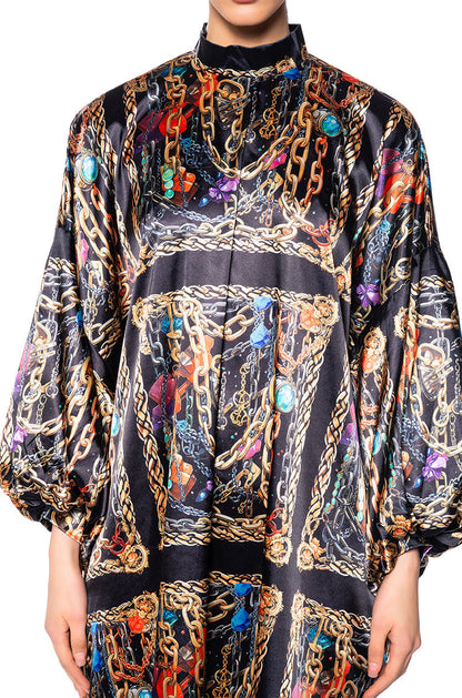 Smokey Fashions Black Chain Print Satin Bishop Sleeve Maxi Dress