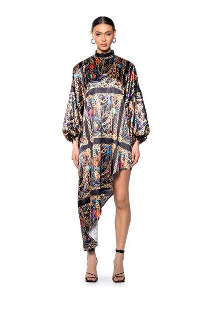 Smokey Fashions Black Chain Print Satin Bishop Sleeve Maxi Dress