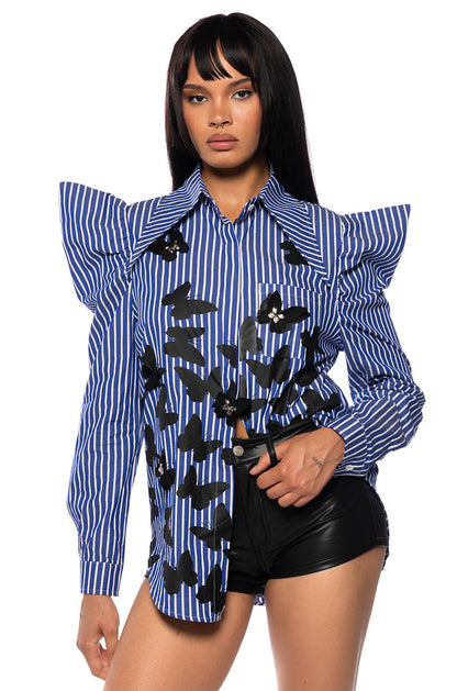 Smokey Fashions Blue Stripe Butterfly Ruffle Shoulder Button Blouse