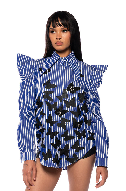 Smokey Fashions Blue Stripe Butterfly Ruffle Shoulder Button Blouse
