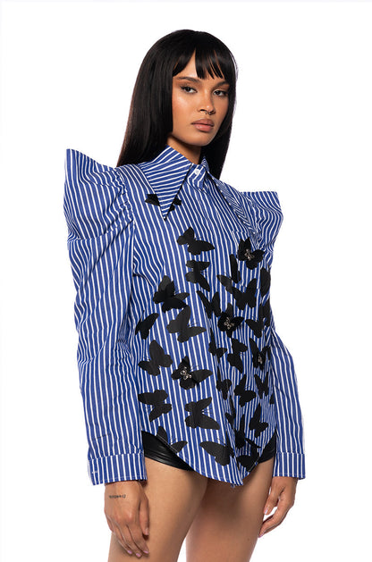 Smokey Fashions Blue Stripe Butterfly Ruffle Shoulder Button Blouse