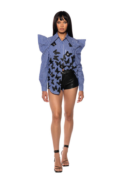 Smokey Fashions Blue Stripe Butterfly Ruffle Shoulder Button Blouse