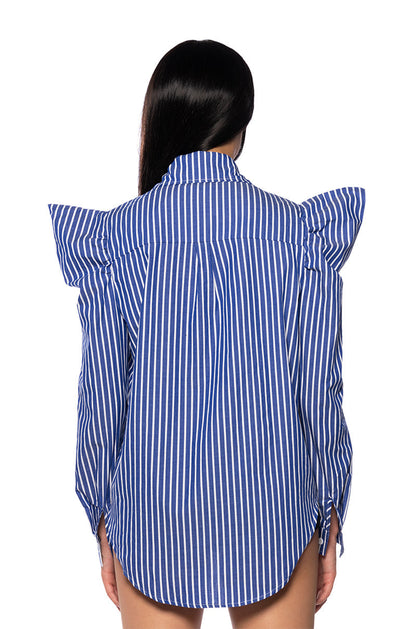 Smokey Fashions Blue Stripe Butterfly Ruffle Shoulder Button Blouse
