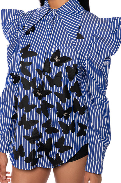Smokey Fashions Blue Stripe Butterfly Ruffle Shoulder Button Blouse