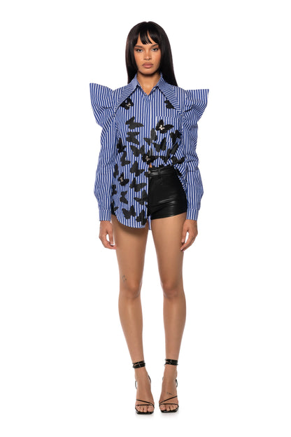 Smokey Fashions Blue Stripe Butterfly Ruffle Shoulder Button Blouse